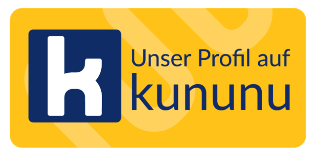 Gelbes Rechteck mit abgerundeten Ecken. Links ein dunkelblaues Quadrat mit einem weißen, kleinen Buchstaben k. Rechts daneben steht in dunkelblauer Schrift: Unser Profil auf kununu
